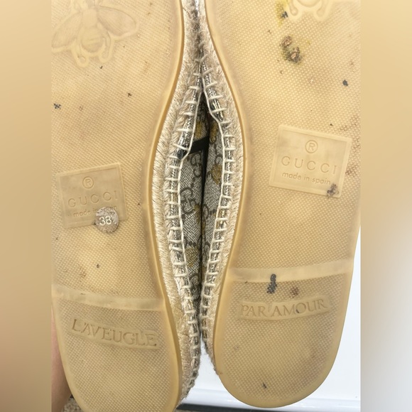 Gucci Beige Natural GG coated canvas black leather trim bee espadrille 38.5 - Picture 7 of 8